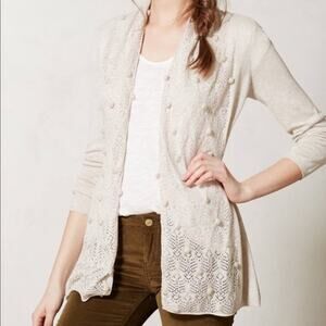 Anthropologie Knitted & Knotted Tan  Size XL Tie Belt Kose Pom Cardigan